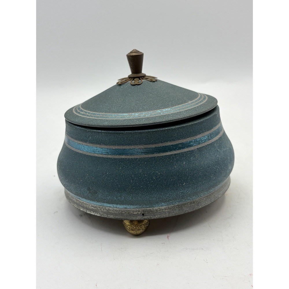 Vintage Reuge Swiss Music‎ Box Powder Jar Trinket Box Blue MCM Working
